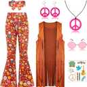 Hippie Costume for Girls Kids 60s 70s Outfits Costume Halloween Dress Up Party (4-6 Years, Brown)