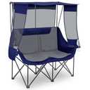 Teenyyou Double Camping Chair with Canopy Shade 660lbs Heavy Duty Beach Chair, Portable Folding 2 Person Camping Loveseat with Cup Holder and Storage Bag for Lawn Beach Outdoor Sport(Blue and Grey)