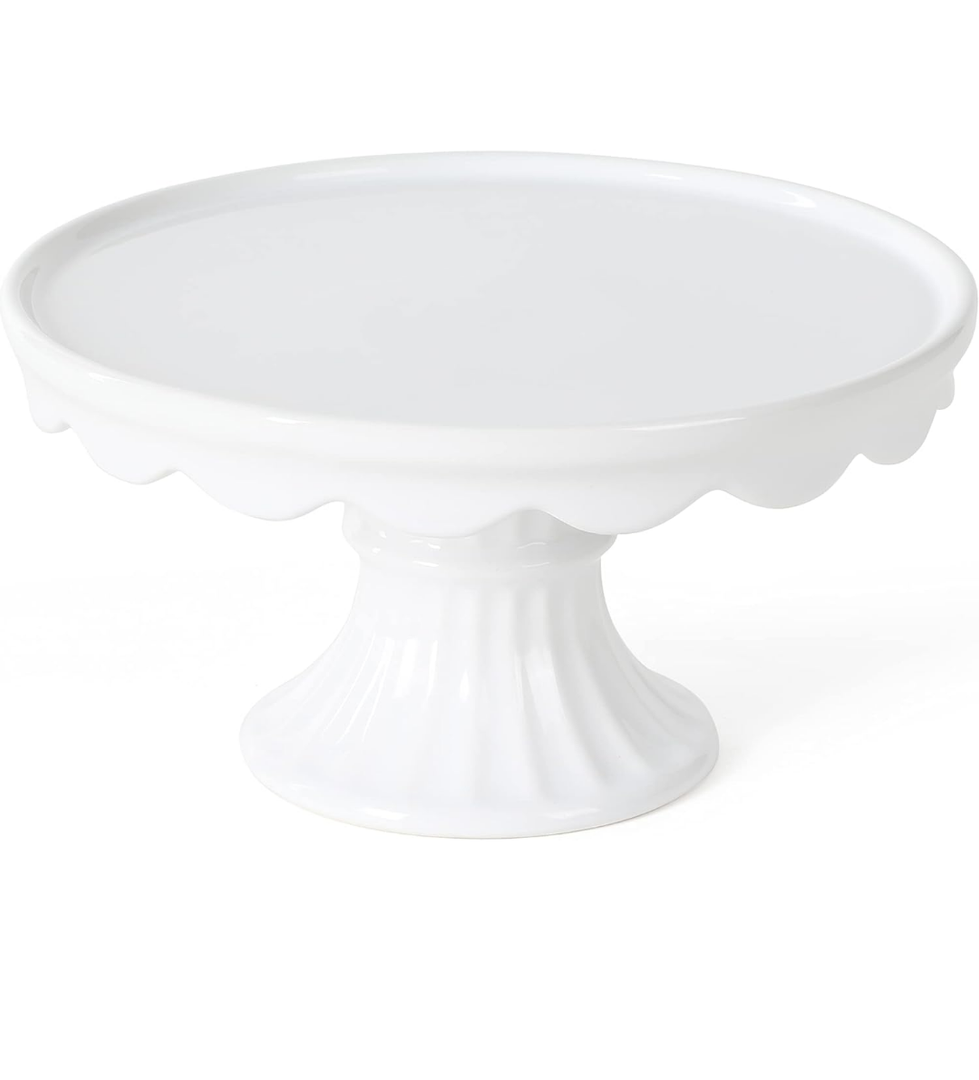 Martha Stewart Patterson 10" Round White Stoneware Pedestal Cake Stand, 5.1" Tall - Fits 9" Cakes | Elegeant Display Plate Stand for Parties, Weddings & Desserts