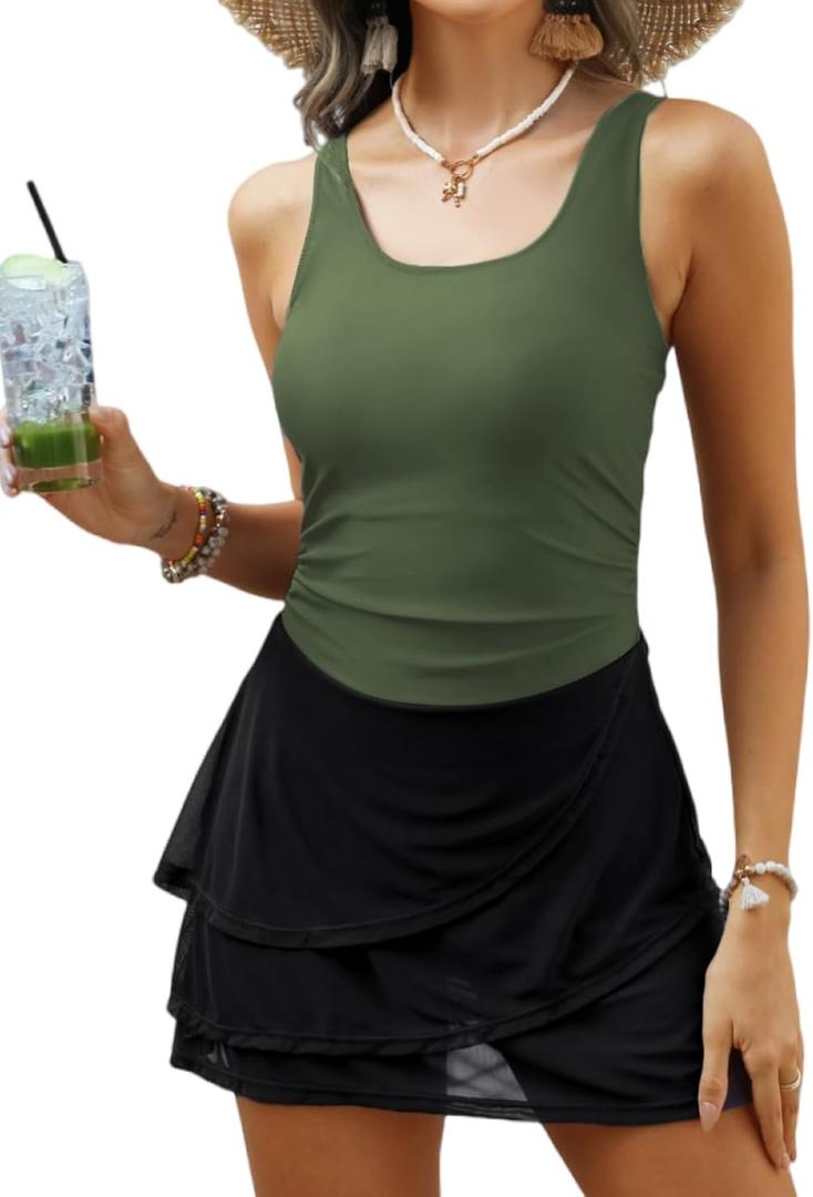Women One Piece Tummy Control Swimsuit Modest Swim Dress Bathing Suit Skirt Swimwear (Green, M)