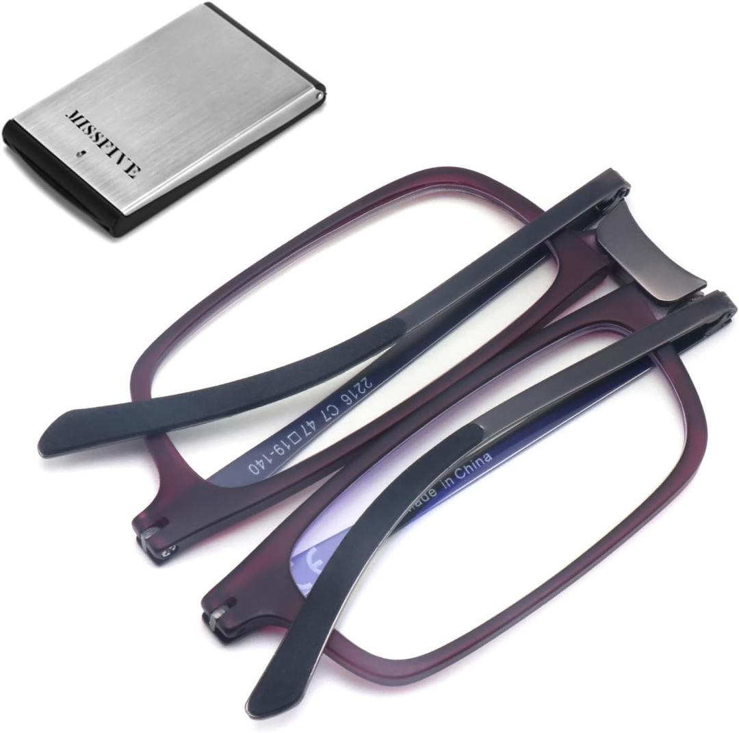 Missfive Premium Folding Reading Glasses Blue Light Blocking for Men Women, Ultra Thin Foldable Portable Travel Readers with Durable Pocket Metal Case, Dark Purple Compact Eyewear1.75x