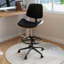 Drafting Chair, Ergonomic Office Chair with Walnut Wood Back Support, Armless PU Leather Desk Chair with Height-Adjustable, Thick Cushion for Home Office, Drafting, Art Studio (Black), 21.5"D x 10"W x 21"H