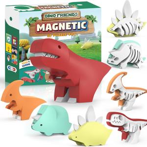 Magnetic Animal Building Toys, STEM Toddler Learning Toys 3D Puzzle Animals for Boys Girls, Educational Magnetic Travel Montessori Toy Lion Elephant, Unique Birthday Gift (Dinosaur Animals, Count, 4)