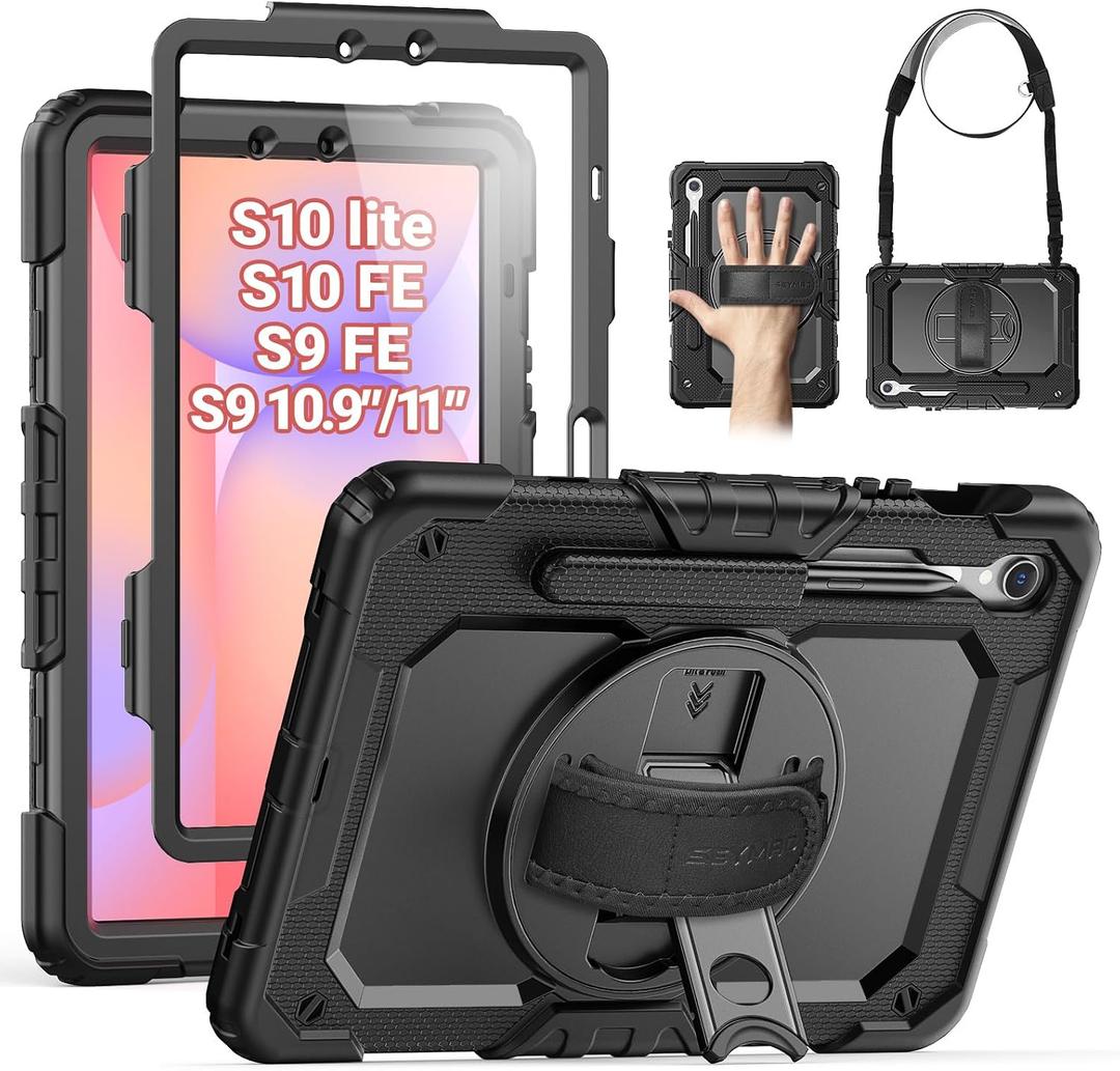 SEYMAC Case for Samsung Galaxy Tab S10 Lite/ S10 FE/ S9 FE/ S9 5G (10.9''/11''), Heavy Duty Shockproof Protective Case with Screen Protector, Rotating Stand, Hand Strap and Pen Holder, Black