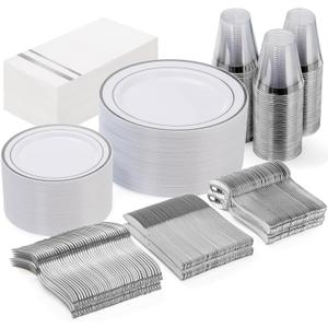 GATHER 350PCS Silver Plastic Plates - White and Silver Disposable Plates for 50 Guests Includes 50 Dinner Plates 50 Dessert Plates 50 Napkins 150 Silver Cutlery and 50 Cups for Wedding & Party