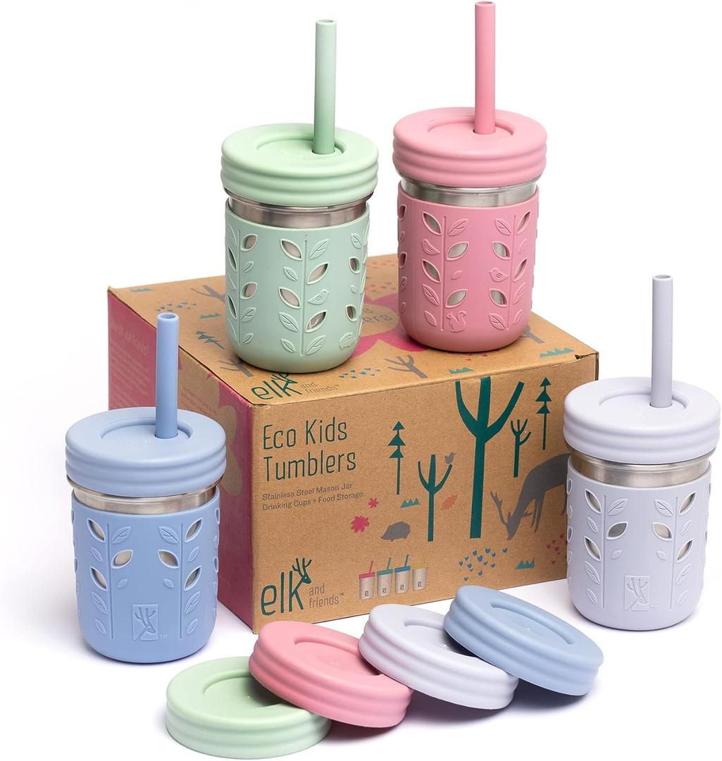 Elk and Friends 10oz Stainless Steel Kids + Toddler Drinking Cups | The Original Mason Jar with Sleeves + Lids | Silicone Straws | Smoothies | Storage Jar | Spill Resistant | Dishwasher Safe | 4 Pack (Sage/Blush/Misty Blue/Lilac)
