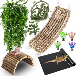HERCOCCI Bearded Dragon Tank Accessories, Reptile Mat Bridge Hammock Flexible - Jungle Climbing Vines and Leaves with Suction Cups Habitat Dcor for Hiding& Climbing Snake Gecko Lizard Chameleon