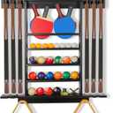Pool Stick Holder Wall Mount, Pool Cue Rack, Ping Pong Paddle Holder, Dart Holder 3-IN-1,100% Solid Wood Billiard Cue Racks,12 Steel/Soft Tip Darts and Table Tennis Accessories for Man Cave