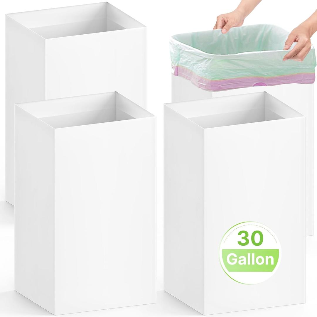 4 Pack Extra Large Disposable Trash Cans, Reusable Portable Garbage Can, 30 Gallon (30" H x 14" W x 14" D), Extra Thick Recycled Cardboard Portable Garbage Can and Recycling Bins,White