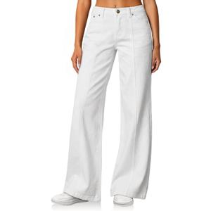 Cicy Bell Womens Wide Leg Jeans High Waisted Baggy Stretchy Front Seam Denim Pants with Pockets, White, 12