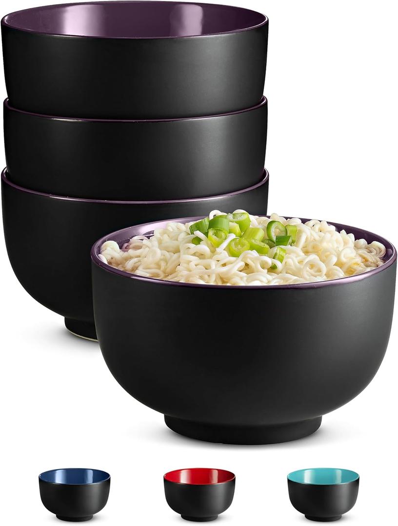 KooK Ramen Bowl, Japanese Bowls, Noodle Bowls, Large Soup Bowl, Ceramic, Large Capacity, For Ramen, Pho, Udon, Soba, Microwave and Dishwasher Safe, 34 oz, Set of 4 (Black/Plum)