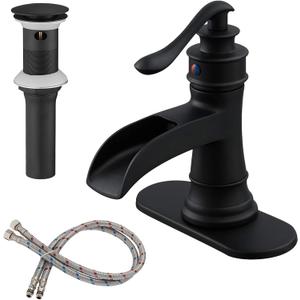 BWE Matte Black Bathroom Faucet, Waterfall Bathroom Faucet Sink Lavatory Single Hole Faucets One Handle Bath Antique with Brass Pop Up Drain Stopper Mixer Tap Overflow Water Supply Line