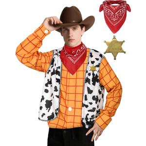 Cowboy Costume Men Yellow Plaid Shirt Vest with Neckerchief and Star Metal Badge Western Outfit Halloween Cosplay (Large)