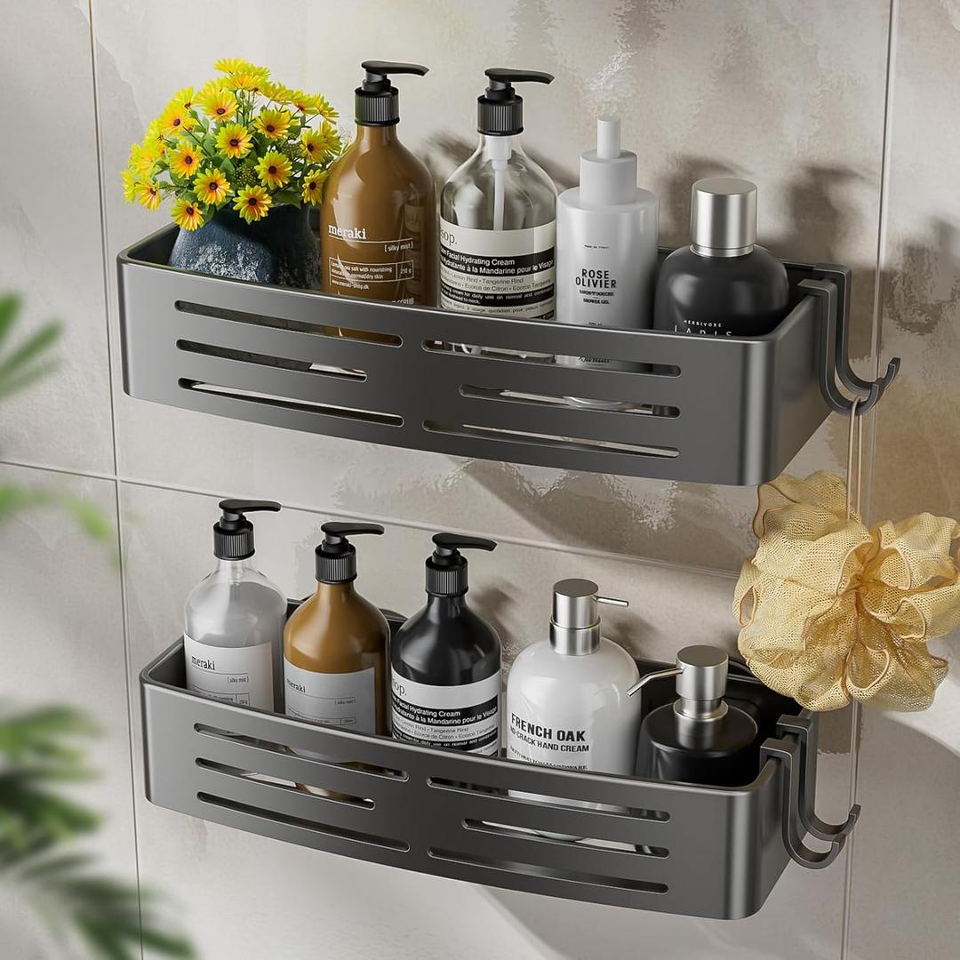 Shower Caddy Suction Cup,2 Pack Shower Shelves with Hooks No Drilling Removable,Large Capacity Bathroom Organizers and Storage,Waterproof Rustproof Shower Bathroom Accessories Decor(Gray)