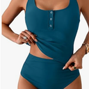 B2prity Women's Athletic Tankini Swimsuits Two Piece Adjustable Button-Up Bathing Suit Full Coverage High Waisted Swimwear, Blue, XL