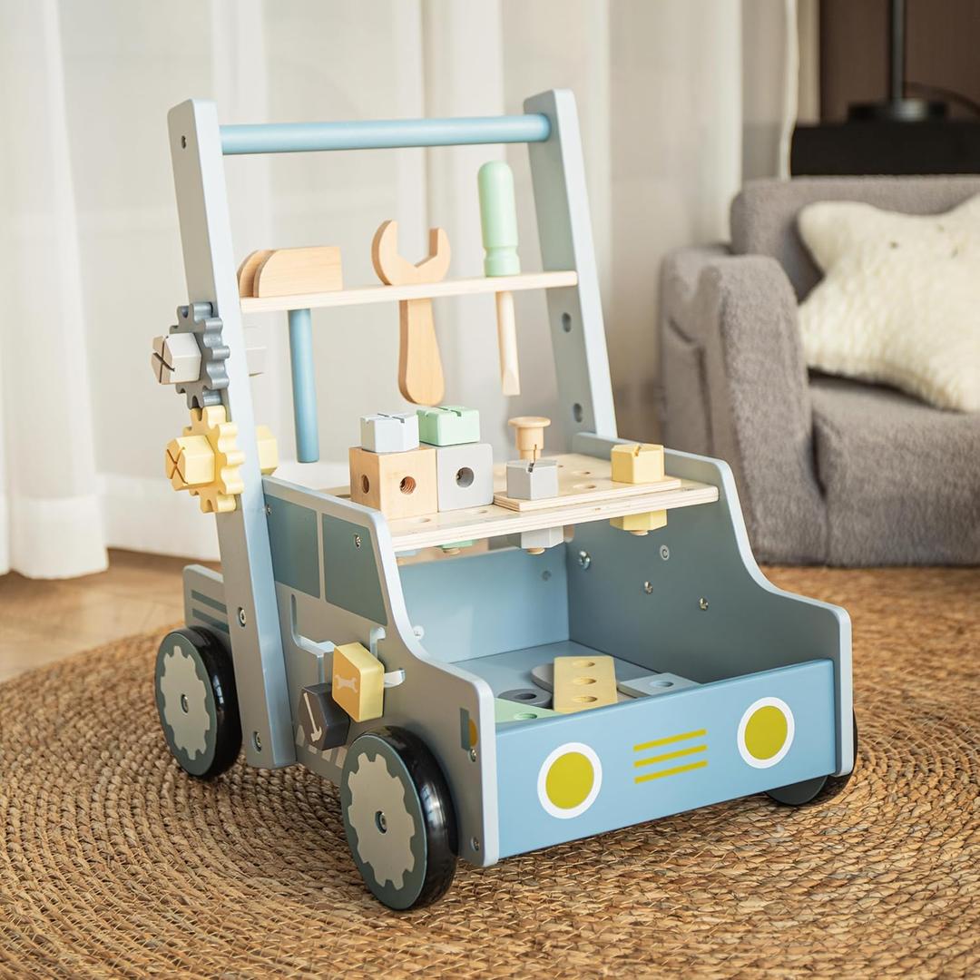 HomeFull Wooden Baby Walker Push Toy | Montessori Walker for Babies and Toddlers | Wooden Baby Walker with Activity Center | Wooden Toddler Walker Push Toy