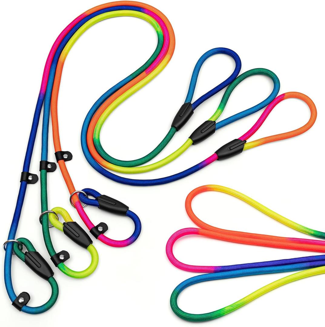 3-Pack Adjustable Rainbow Dog Slip Leads Multi-Color, 5FT Reflective Nylon  No Collar Needed, No-Pull, Ideal for Small/Medium Dogs (Training/Walking)