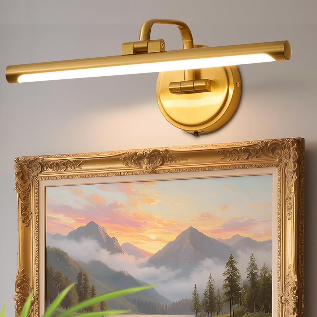 Hard-Wired Picture Light for Wall,16'' Inch Modern Brass Metal Body Dimmable Frame Light with Adjustable Swing Arm 3CCT LED Art Display Light for Paintings Gallery 6W Wall Light, Hallway Vanity Light (Gold)
