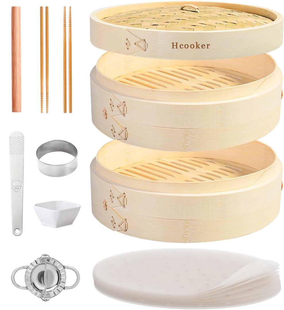 Hcooker Bamboo Steamer Basket Set, 8-Inch 2-Tier Steamer for Cooking, Chopsticks Liners Sauce Dish Dumpling Making Tools, Steaming Asian Food, Bao Buns, Meat, Dim Sum, Rice, Vegetable Steam Pot