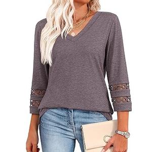 XIEERDUO 3/4 Length Sleeve Womens Tops and Blouses Dressy Casual Crewneck T Shirts Fashion Clothes Loose Fit Trendy, M