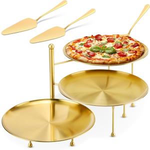 7 Pcs Pizza Pan Riser Stands Sets Includes 1 Pcs Tiered Tray Stand 3 Stainless Steel Pizza Pan and 3 Wood Handle Knife for Home, Restaurant Party (Elegant Style,Gold)