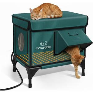 Indestructible Heated Cat House for Outside Winter, 100% Waterproof, Safe Escape Door, Insulated Outdoor Cat Shelter with Heater for Feral Barn Cat Kitty (Forest Green, 13"x17"x18")