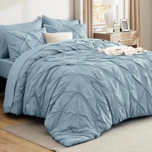 Bedsure Queen Comforter Set Light Blue - Bed in a Bag Queen Size Bedding 7 Pieces, GentleSoft Pintuck Bed Set Gift for Family, Pinch Pleat All Season Comforter with Sheets, Pillowcases & Shams