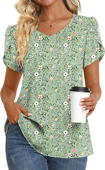 HOTGIFT Womens Tunic Tops 2025 Summer Short Sleeve V Neck Chiffon T Shirt M-3XL (Large, V/Gray-purple Flower)