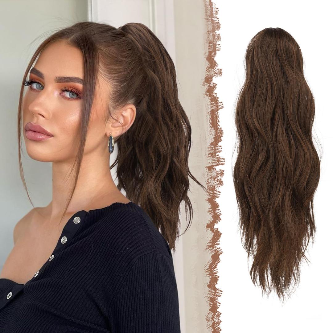 FESHFEN Ponytail Extensions, Long Claw Clip in Ponytail Hairpiece Synthetic Pony Tails Hair Piece Natural Wavy Hairpieces for Women, 20 inch Brown & Light Auburn Mixed