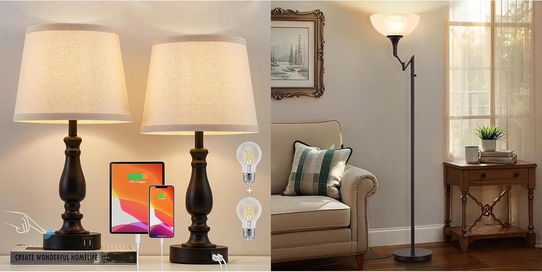 EJIAXIN Touch Table Lamps for Bedrooms Set of 2 with USB Ports + 70" Brown Torchiere Standing Floor Lamps for Living Room with Adjustable Swing Arm