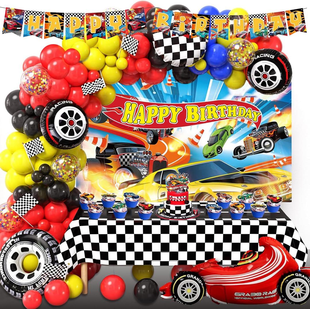 Hot Race Cars Wheels Birthday Party Decorations Kit Including Backdrop,Banner,Balloon Garland Arch, Tablecloth, Cake Toppers
