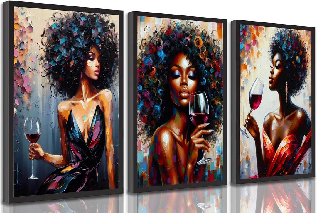 3Pcs African American Women Canvas Wall Art Colorful Graffiti Afro Wine Girl Painting Modern Abstract Aesthetic Pictures Wall Decor Poster Print Artwork for Living Room Bedroom Bar Decoration Unframed