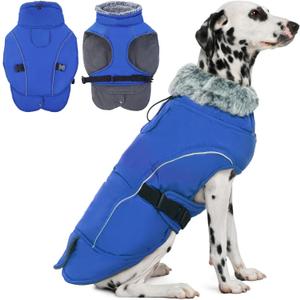 DENTRUN Winter Warm Dog Coat Reflective Jacket with Turtleneck for Cold Weather, Adjustable Buckle Windproof Water Repellent, Thick Snowsuit Fleece Vest for Small, Medium, Large Dogs, Blue, L