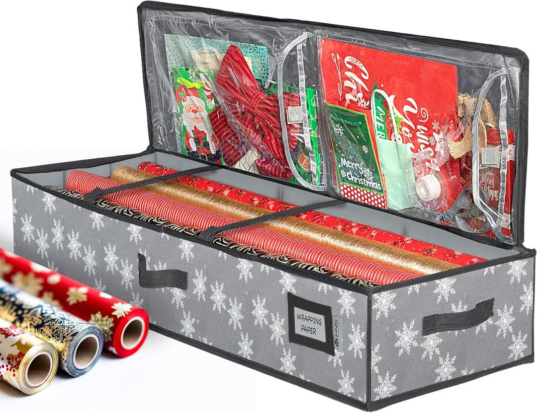 HOLDN STORAGE Premium Wrapping Paper Storage Container - Durable 600D Tear-Proof, Fits 27 Rolls Gift Wrap, Extra Pockets for Ribbons & Bows, Underbed Storage - Ideal for Holiday Christmas, Grey/White Snowflakes