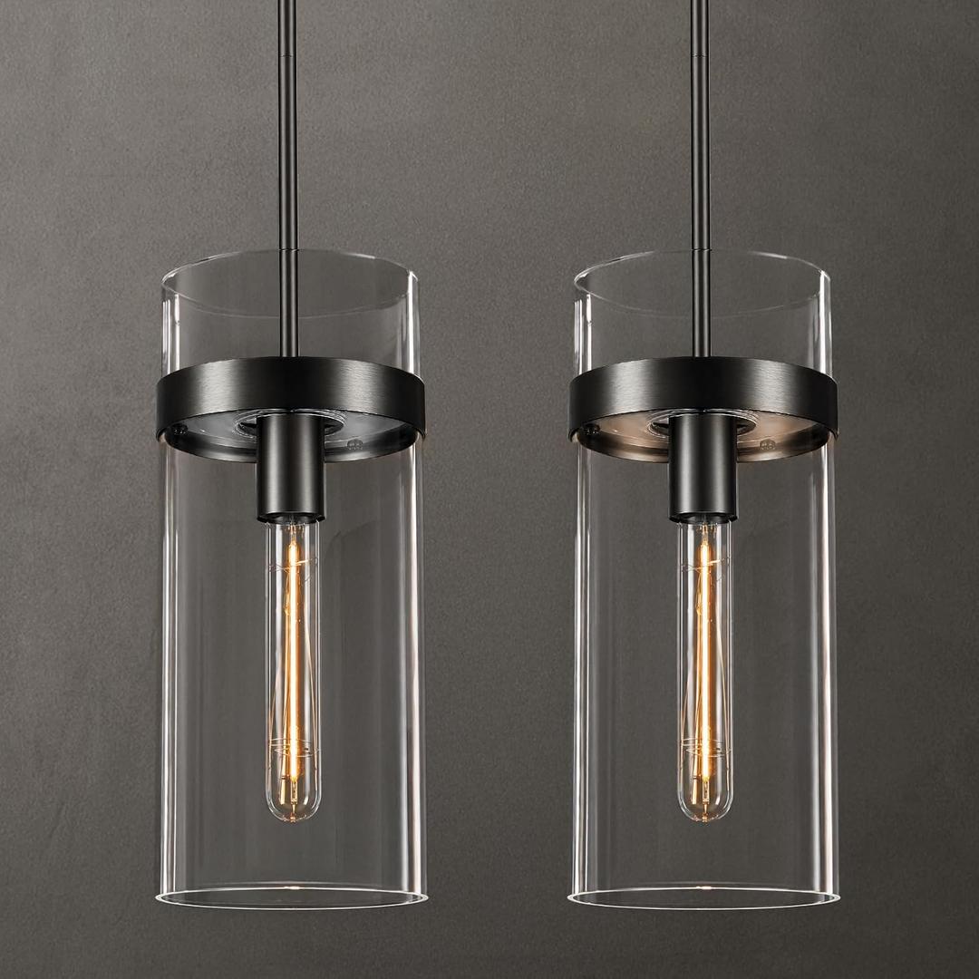 6 Inch Black Pendant Lights Kitchen Island 2 Pc, Modern Kitchen Pendant Lights,Glass Kitchen Pendant Lighting,Large Island Lights Lighting, for Bathroom,Bedroom,Dinning,Includes Bulb, black pendant lights 001