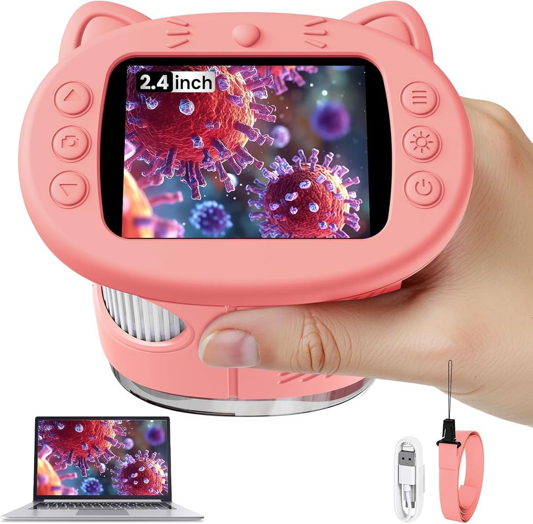 Microscope for Kids, 2.4 Inch Digital Microscope with 1000X Magnification, Handheld Camera Mini Pocket Magnifying Glass, Educational Christmas Birthday Gifts Toys for Ages 3+, Pink