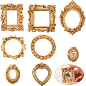 2 x Vintage Mini Picture Frame 7 PCS Set Mini Gold Frames Baroque Antique Resin Tabletop Jewelry Display Small Photo Frames Miniature Tiny Frame Wall Hanging for DIY Christmas Home Decor Gift
