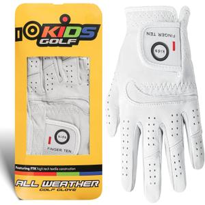 FINGER TEN All Premium Cabretta Leather Golf Gloves 1 Pack for Kids Boys Girls Toddler Youth Junior, Comfortable Soft Glove Breathable Grip Fit Left Hand for Right Handed Golfer (Medium, White)