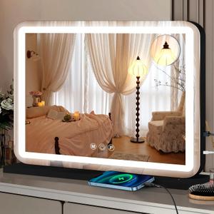 23"x18" Black Vanity Mirror with Lights, Led Makeup Mirror, Lighted Makeup Mirror with 3 Color Dimmable Lights, Smart Touch Screen Control, Aluminum Metal Frame, USB Charging Port