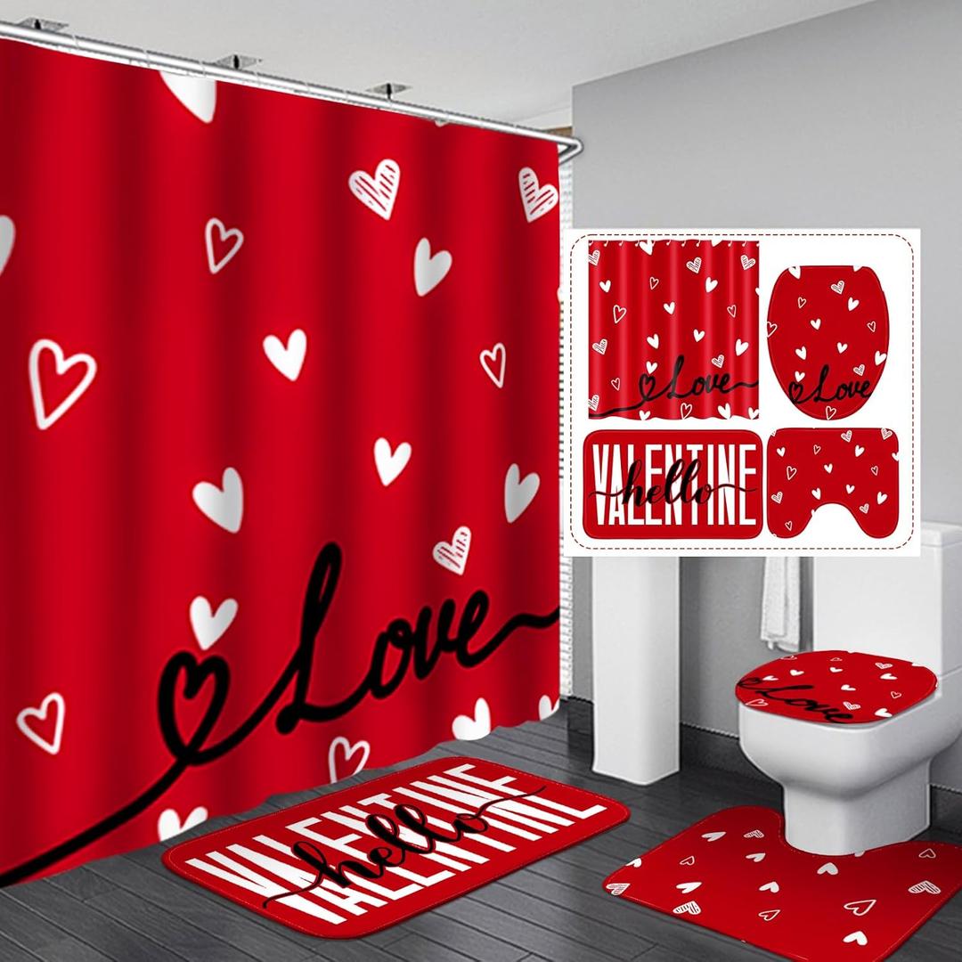 Drydiet 4 Pcs Valentine's Day Shower Curtain Set, Non Slip Rugs Toilet Lid Cover U Shape Bath Mat and 12 Hooks Love Heart Shape Red Bathroom Supplies for Valentines Accessories Decor Set