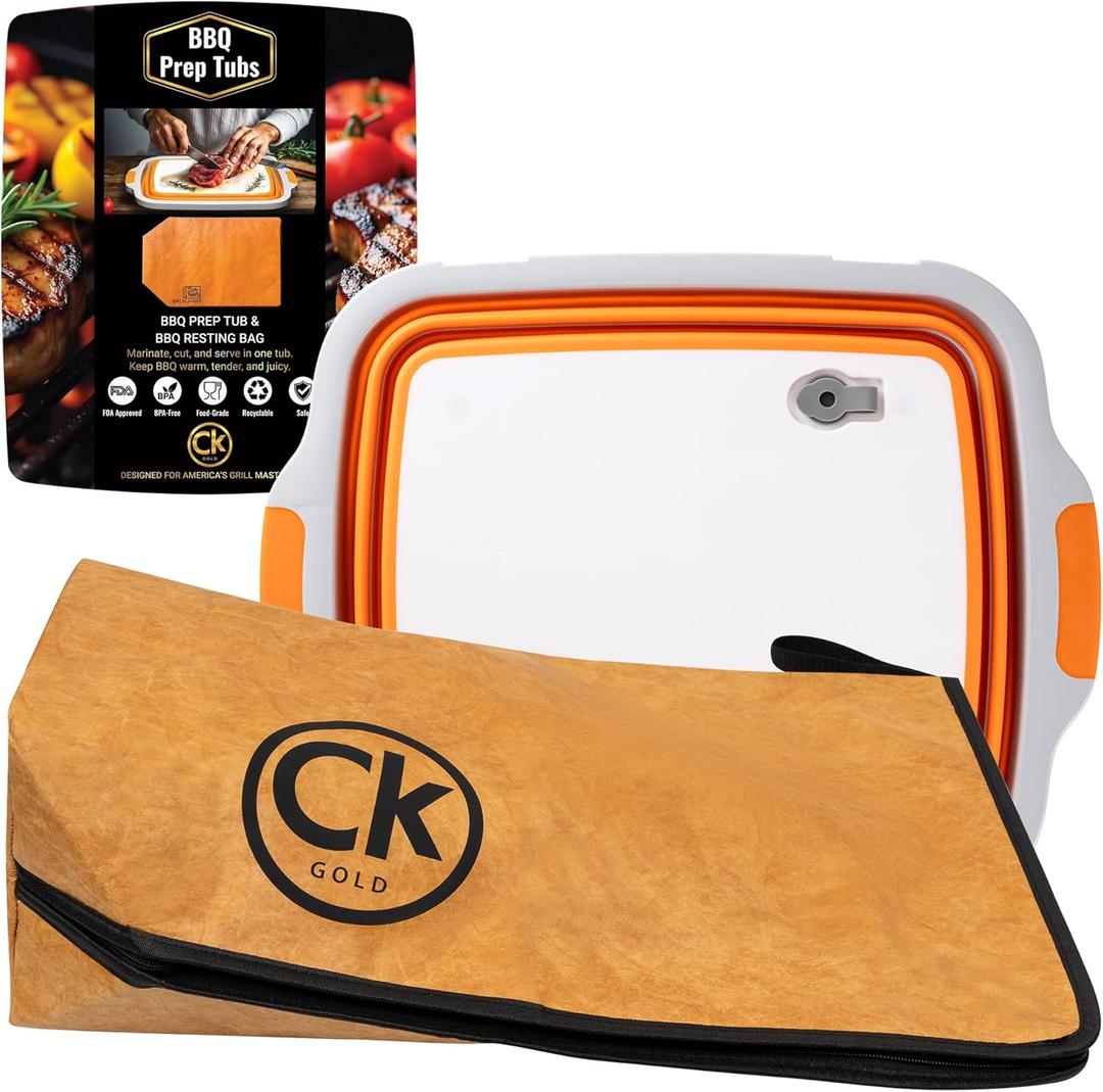 New Extra LARGE Collapsible BBQ Prep Tub with LOCKING LID & Meat Resting Bag - BPA Free Foldable Cutting Board with Lid, Leak Free, Strong Drain Hole for Meal Prep, Marinating, & Food Storage (Orange) New Extra LARGE Collapsible BBQ Prep Tub with LOCKING LID & Meat Resting Bag - BPA Free Foldable Cutting Board with Lid, Leak Free, Strong Drain Hole for Meal Prep, Marinating, & Food Storage (Orange)