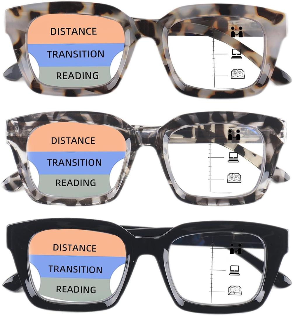 3 Pack Progressive Multifocal Reading Glasses for Women Men Oprah style Blue Light Blocking Spring Hinger Readers (Multicolor)