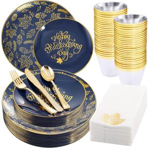 Morejoy 175PCS Thanksgiving Plastic Plates, Blue Gold Thanksgiving Dinnerware Sets Include: 25Dinner Plate, 25 Salad Plate, 25 Silverware Set, 25 Napkins, Fall Plates Disposable for thanksgiving Day