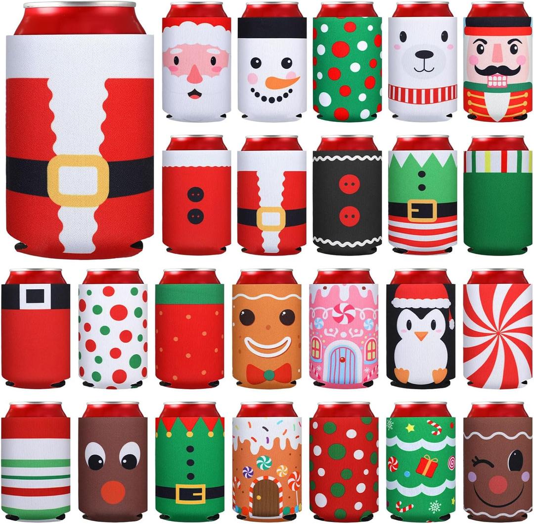 24 Pcs Christmas Beer Can Coolers Sleeves Bulk Collapsible Drink Insulator Sleeve Neoprene Xmas Santa Snowman Reindeer Beverage Coolies for Party Favors