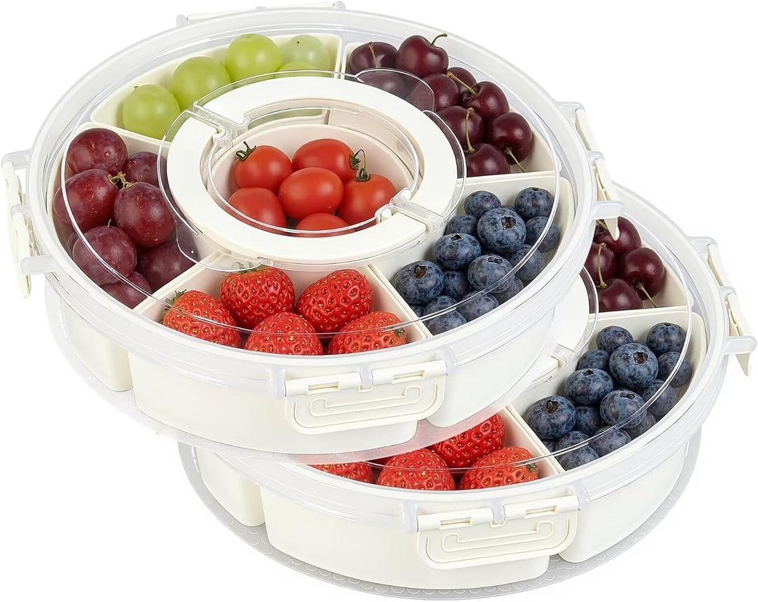 2 Packs Divided Serving Tray with Lid and Handle, Portable Round Snackle Box Container with 6 Compartments, Snack Bento Box for Party, Picnic, Travel, Beige