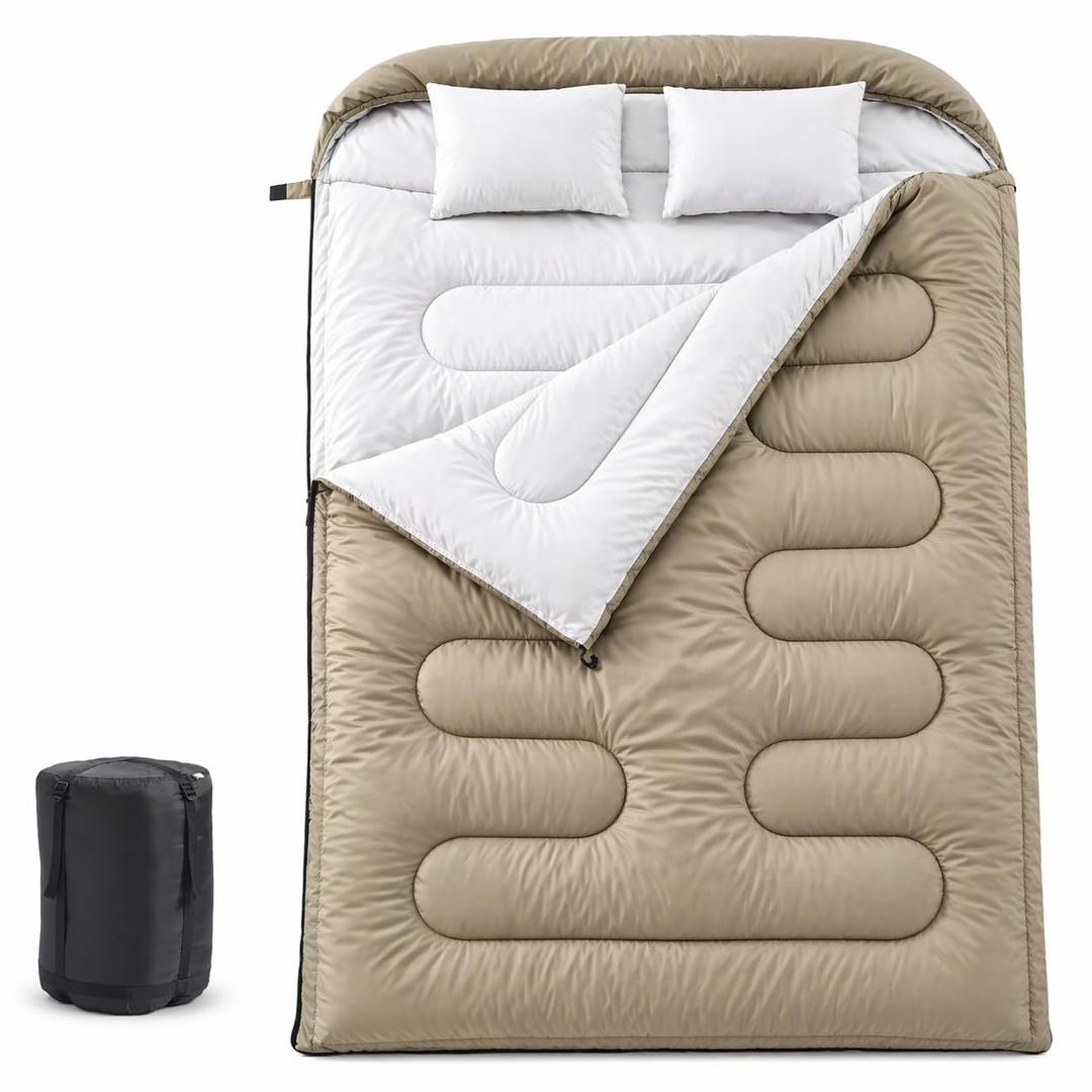 Simple Deluxe Double Sleeping Bag for Adults Mens with Pillow, XL Queen Size Two Person Sleeping Bag for All Season Camping Hiking Backpacking 2 Person Sleeping Bags for Cold Weather & Warm, Green
