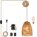 Plug in Pendant Light, Hanging Lights with 15ft Golden Cotton Cord & Stepless Dimming Switch, Handwoven Hemp Rope Lampshade, Boho Hanging Lamp for Bedroom,Hallway (Bulb & 2 Swag Hooks Included)