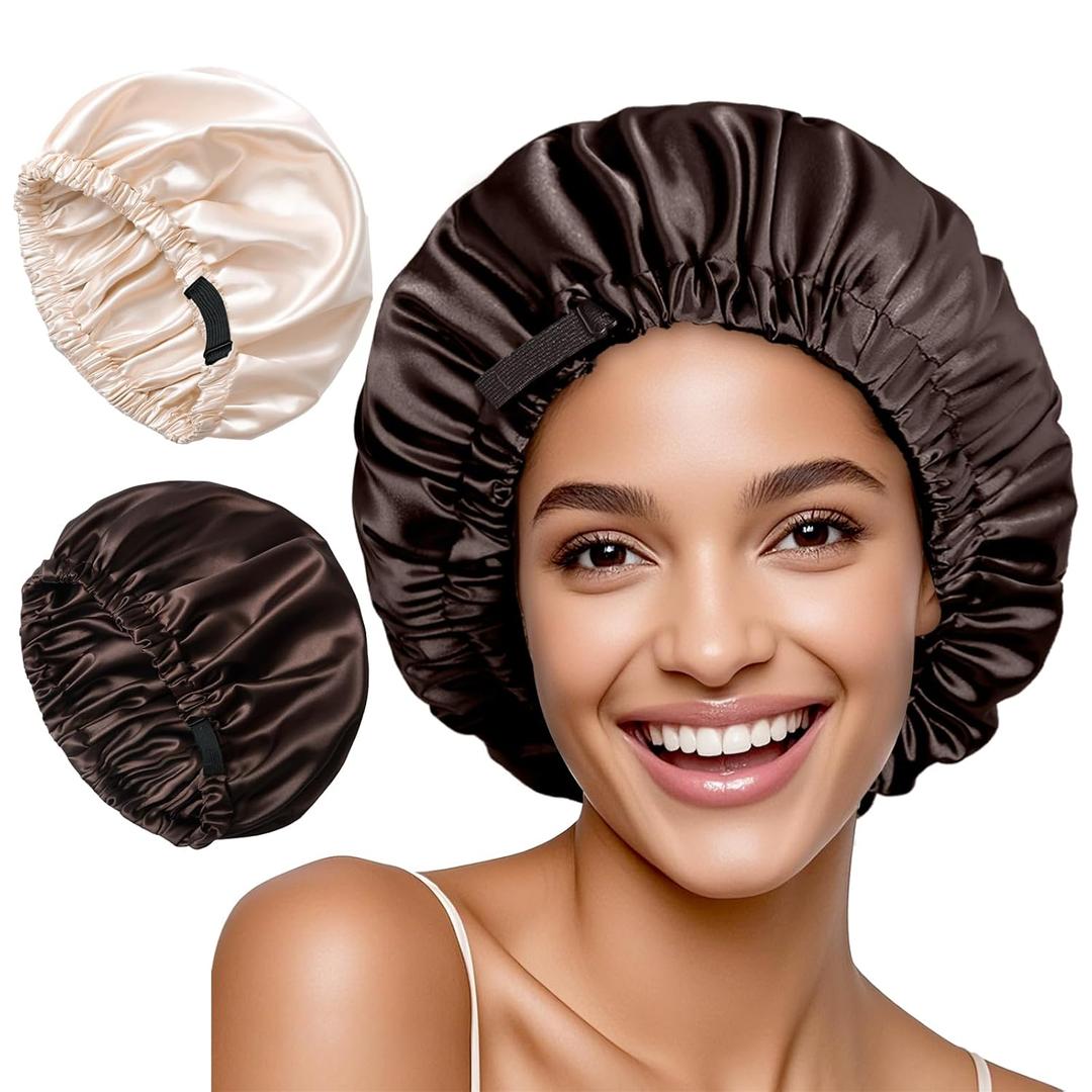 Satin Bonnet for Women,Double Layer Adjustable Sleep Cap, Soft and Silk Hair Bonnet for Curly Hair Protection, 2 Pack (Brown-Champagne) (One Size)