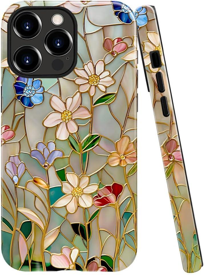 Case Compatible with iPhone 13 Pro Max, Fall Prevention Bright Hybrid 2-Layer Hard Shell Phone Case for Girls Boys, Stained Glass Bloom Flower