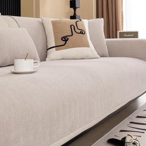 Chenille Sectional Sofa Couch Covers, Herringbone Couch Sofa Covers Washable for Dogs, Funny Fuzzy Couch Covers for Sofa Non Slip Protector for L Shaped(Beige Brown, 36"x 71")